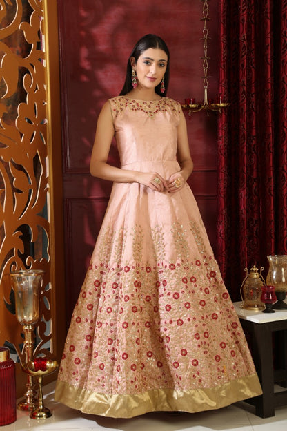 Peach silk thread sequence and handworked designer Gown