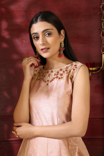 Peach silk thread sequence and handworked designer Gown