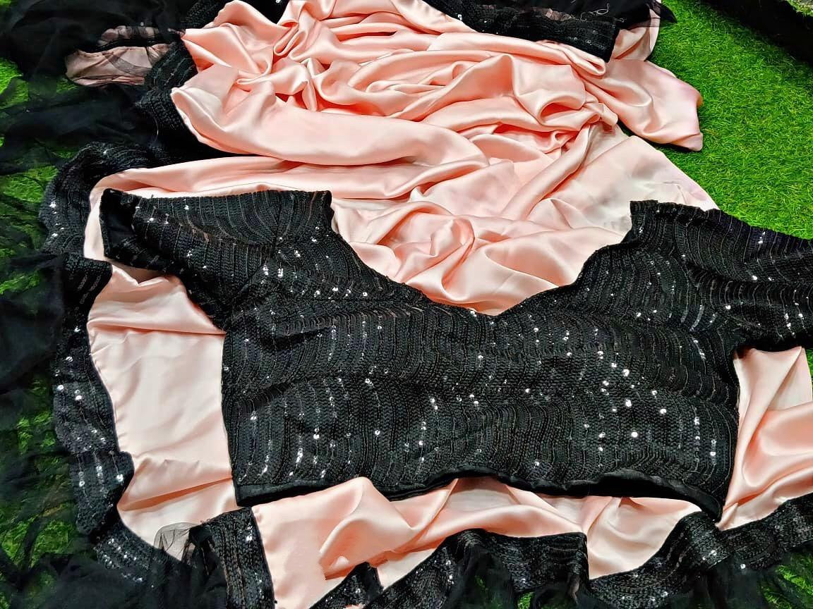 Peach silky silk saree with sequence work saree