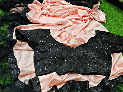 Peach silky silk saree with sequence work saree