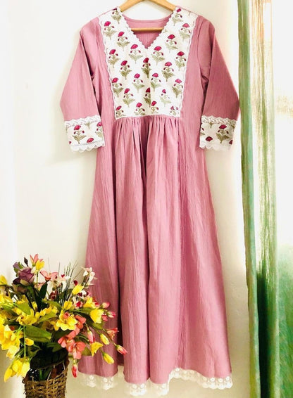 Peach slub cotton kurti with printed dupatta