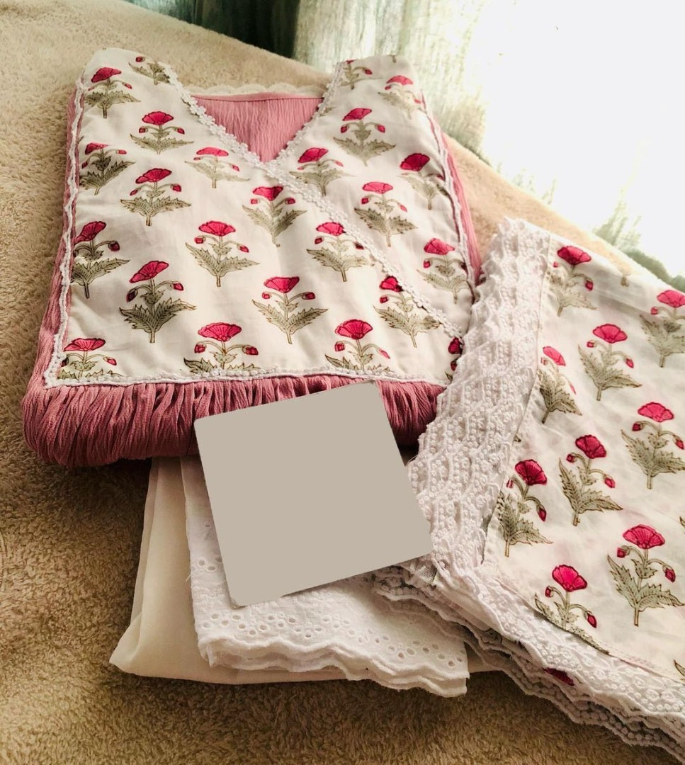 Peach slub cotton kurti with printed dupatta