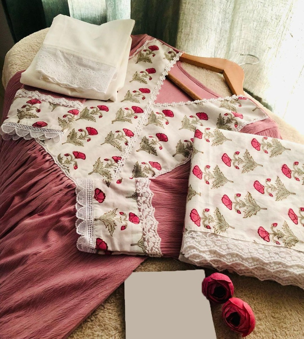 Peach slub cotton kurti with printed dupatta