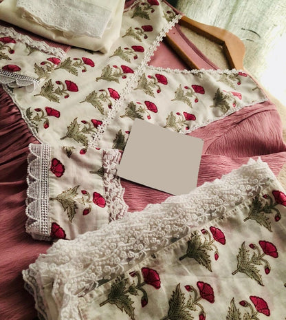 Peach slub cotton kurti with printed dupatta