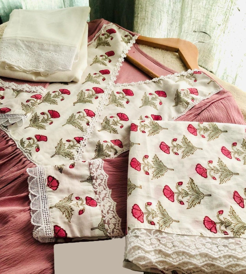 Peach slub cotton kurti with printed dupatta