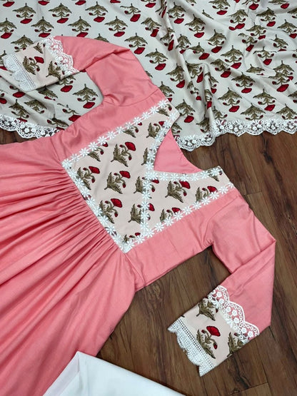 Peach slub cotton kurti with printed dupatta