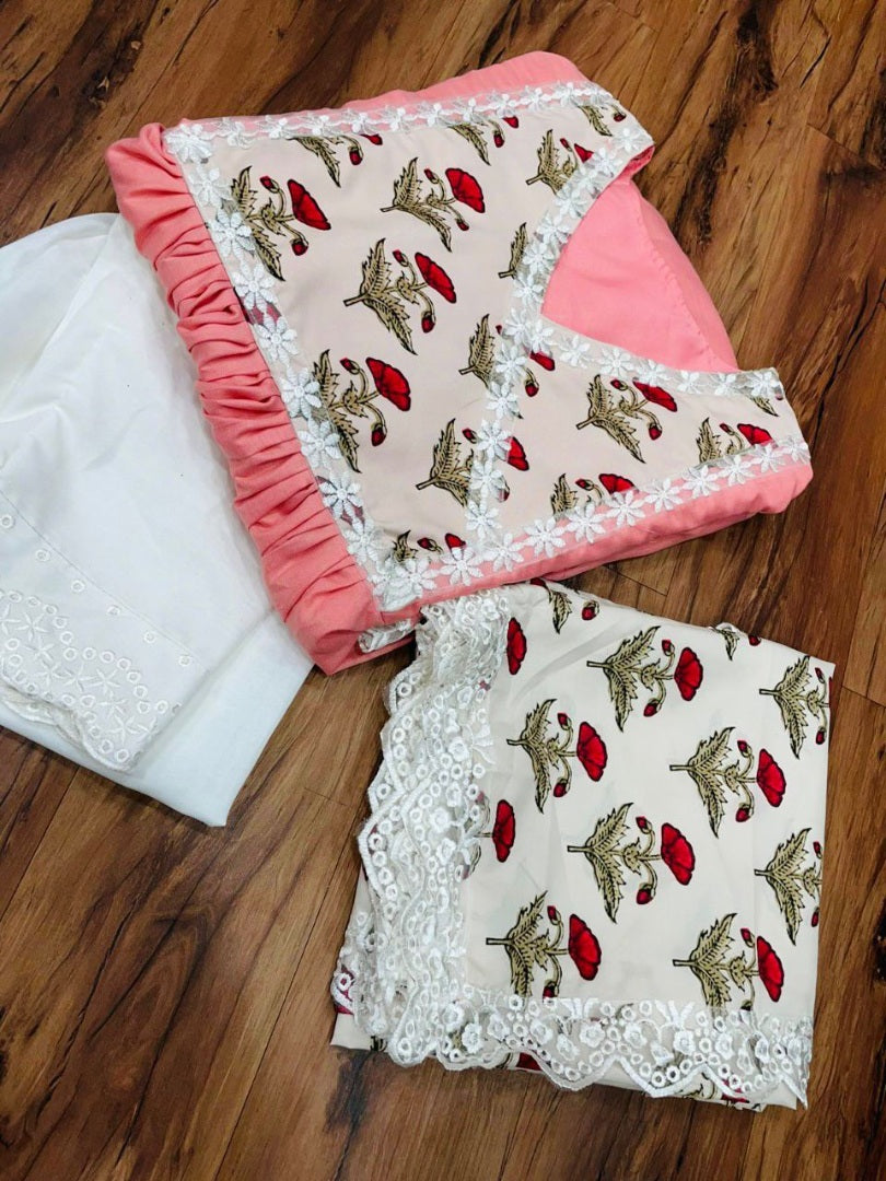 Peach slub cotton kurti with printed dupatta