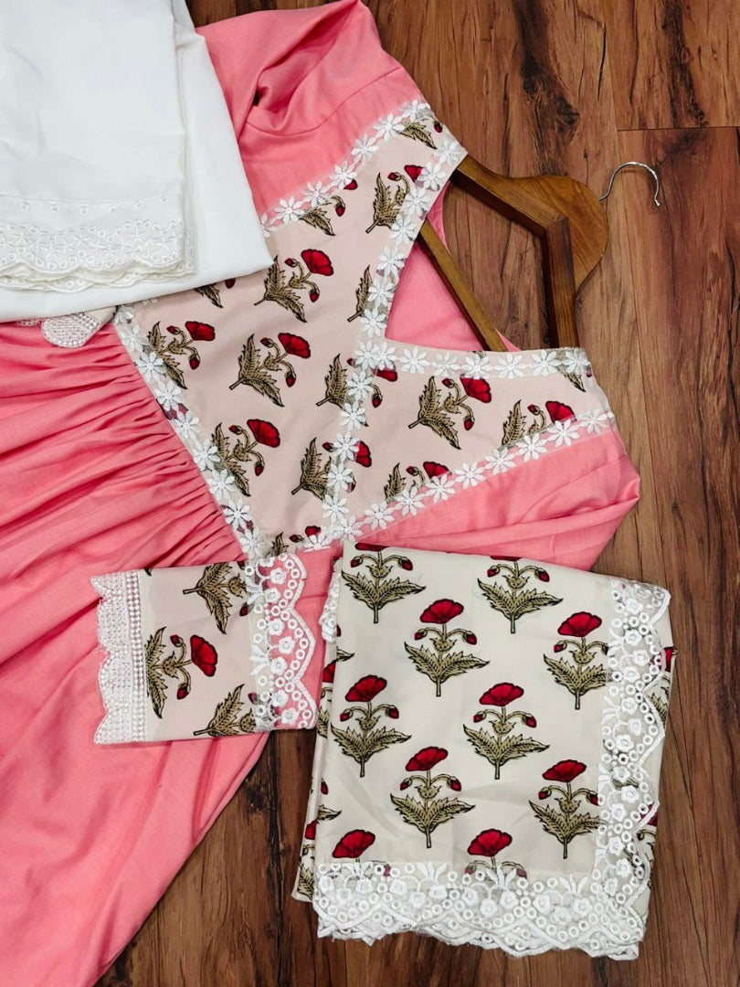 Peach slub cotton kurti with printed dupatta