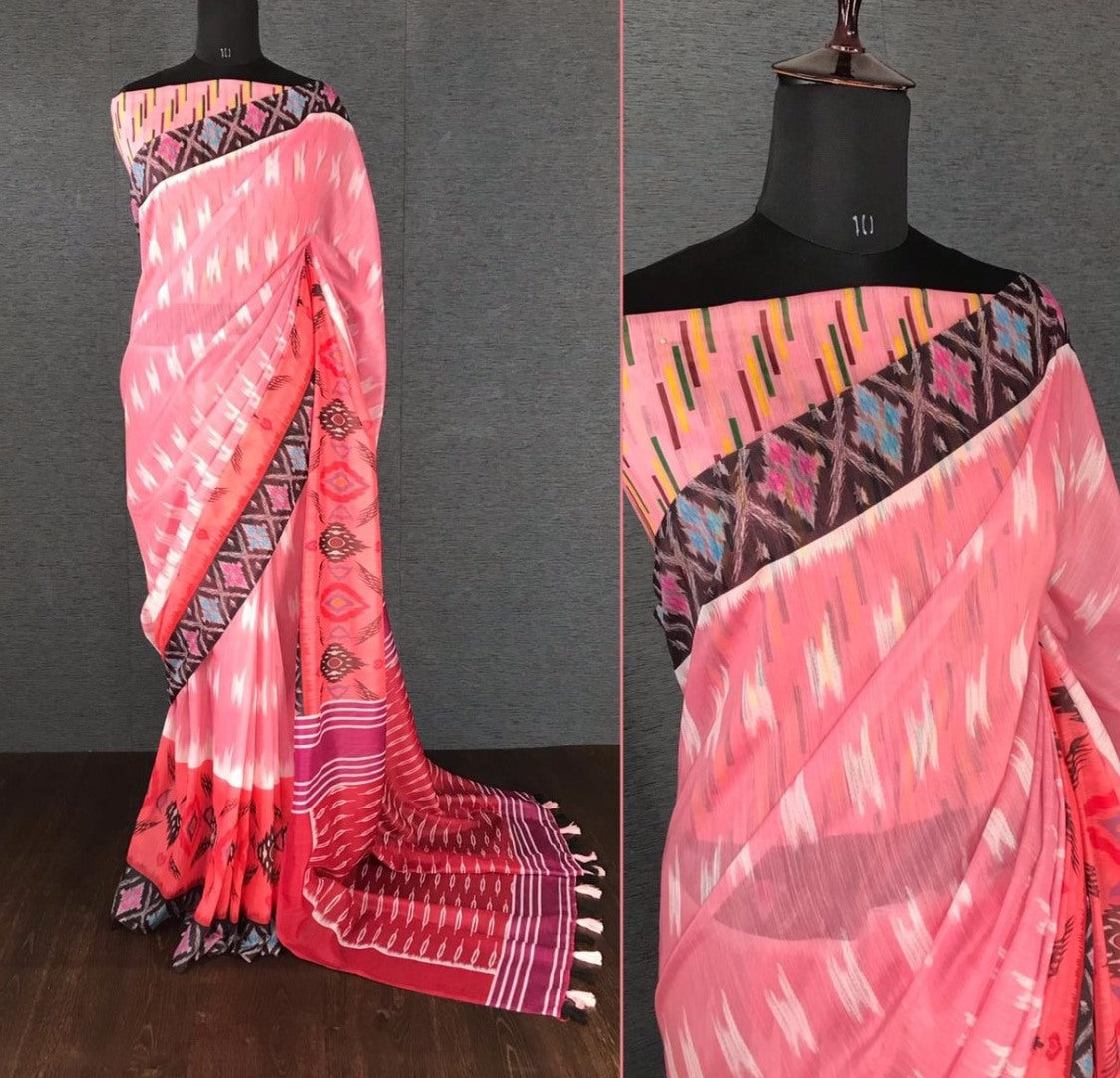 Peach slub linen cotton digital printed work saree