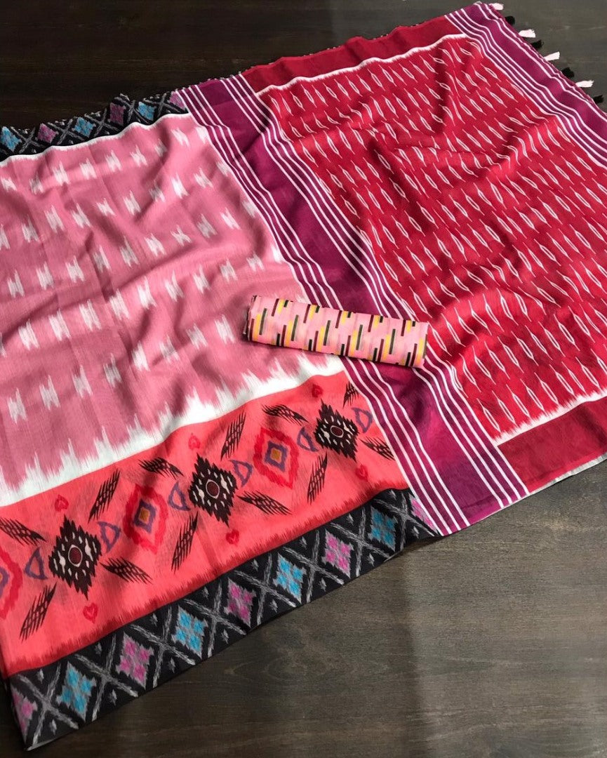 Peach slub linen cotton digital printed work saree