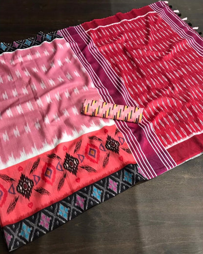 Peach slub linen cotton digital printed work saree