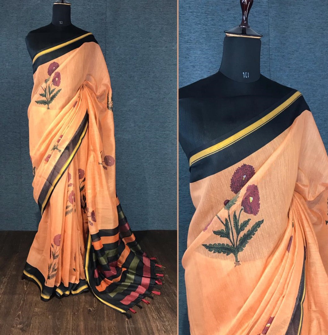 Peach soft chanderi digital printed zari border work saree