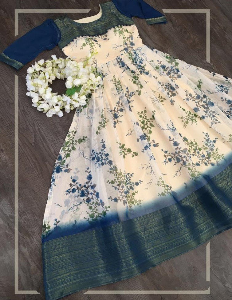 Peach soft cotton digital flower printed work gown