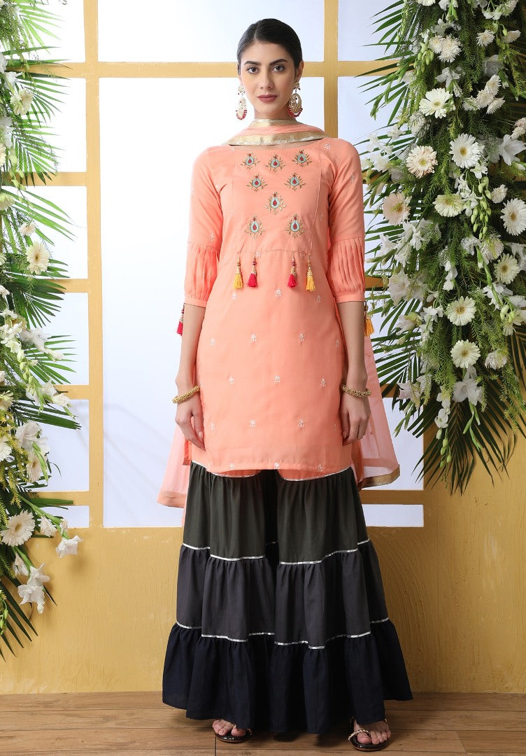 Peach soft cotton sharara suit