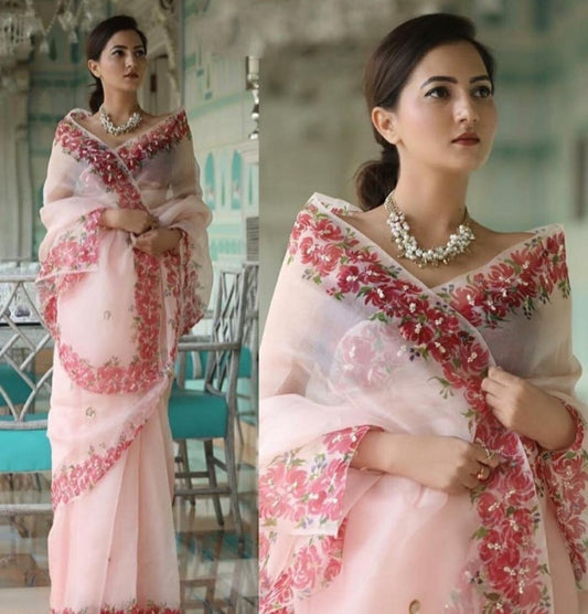 peach soft heavy organza digital printed beautiful saree