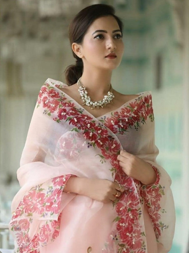 peach soft heavy organza digital printed beautiful saree