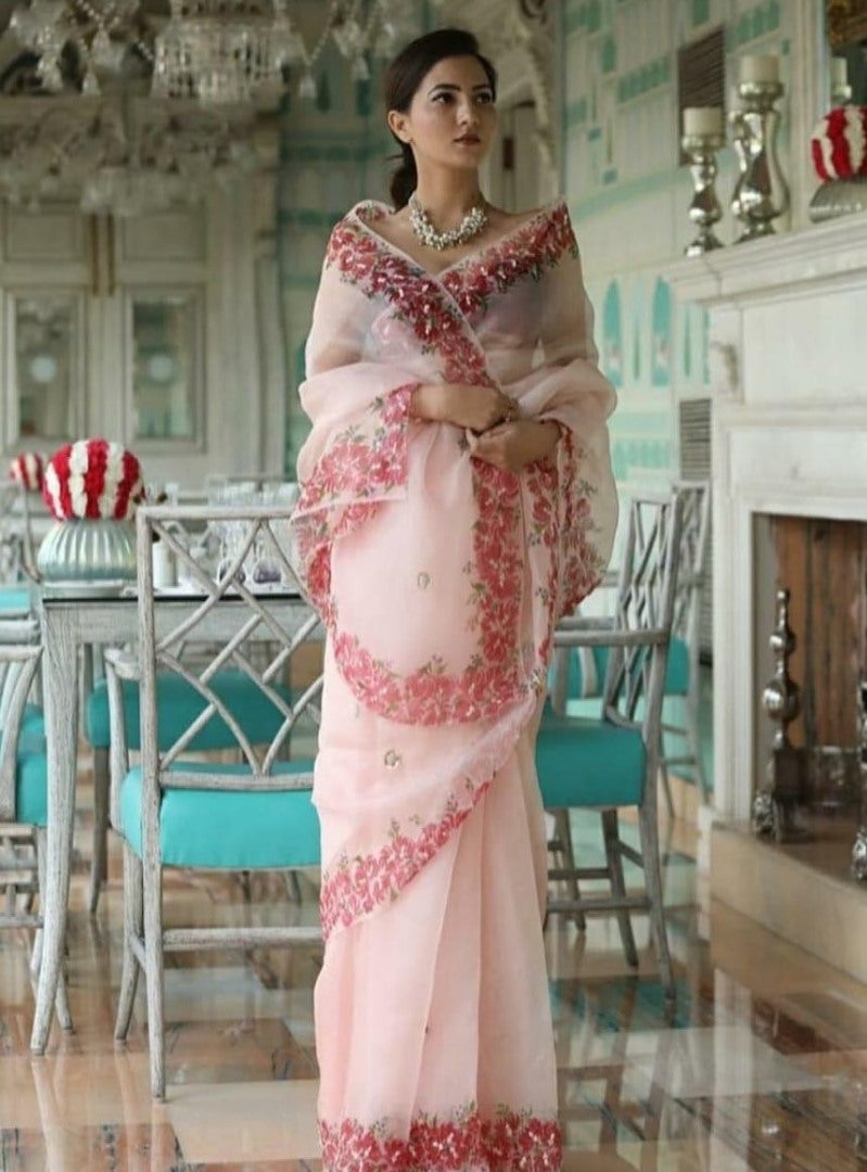 peach soft heavy organza digital printed beautiful saree