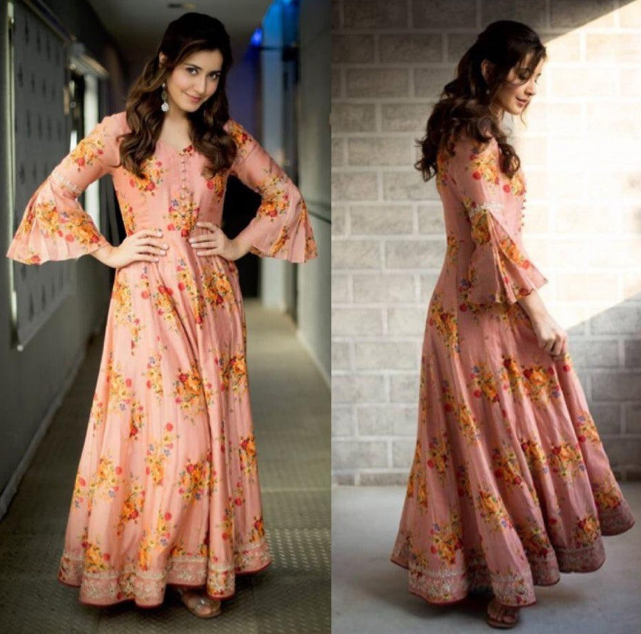 peach soft masleen digital floral printed gown