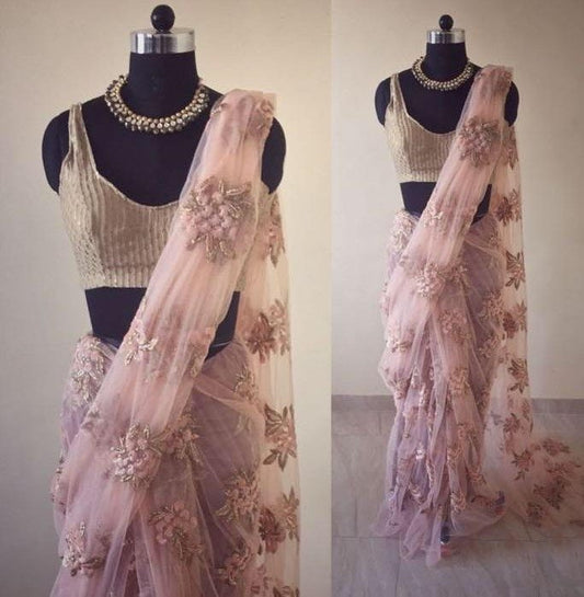 Peach soft net designer embroidered ceremonial saree