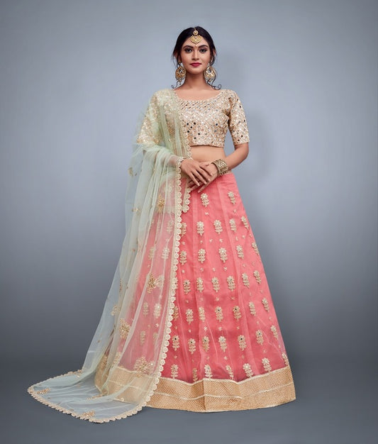 Peach soft net embroidered ceremonial lehenga