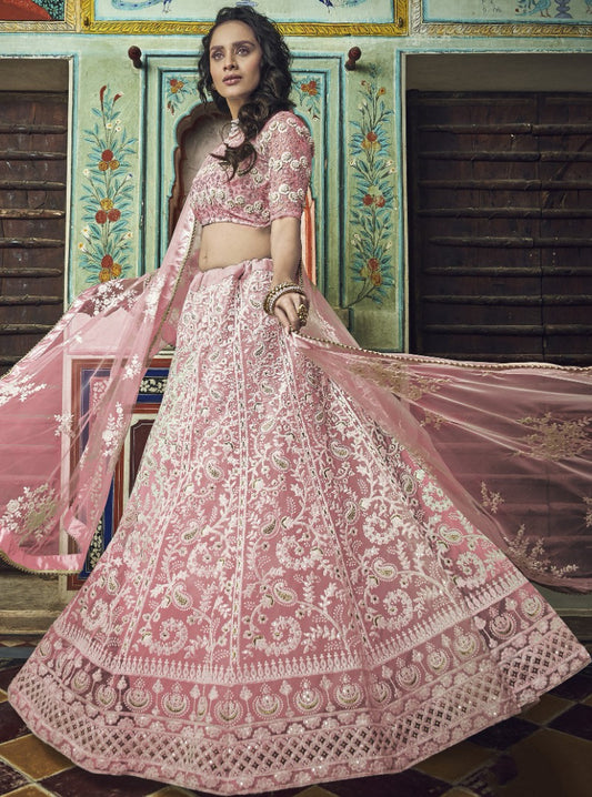 Peach soft net pearl and thread work bridal lehenga choli