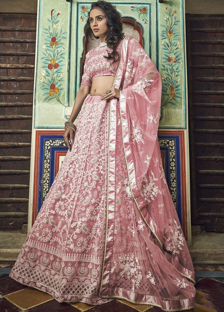 Peach soft net pearl and thread work bridal lehenga choli