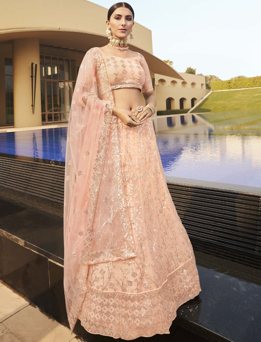 Peach soft net sequence thread work bridal lehenga choli