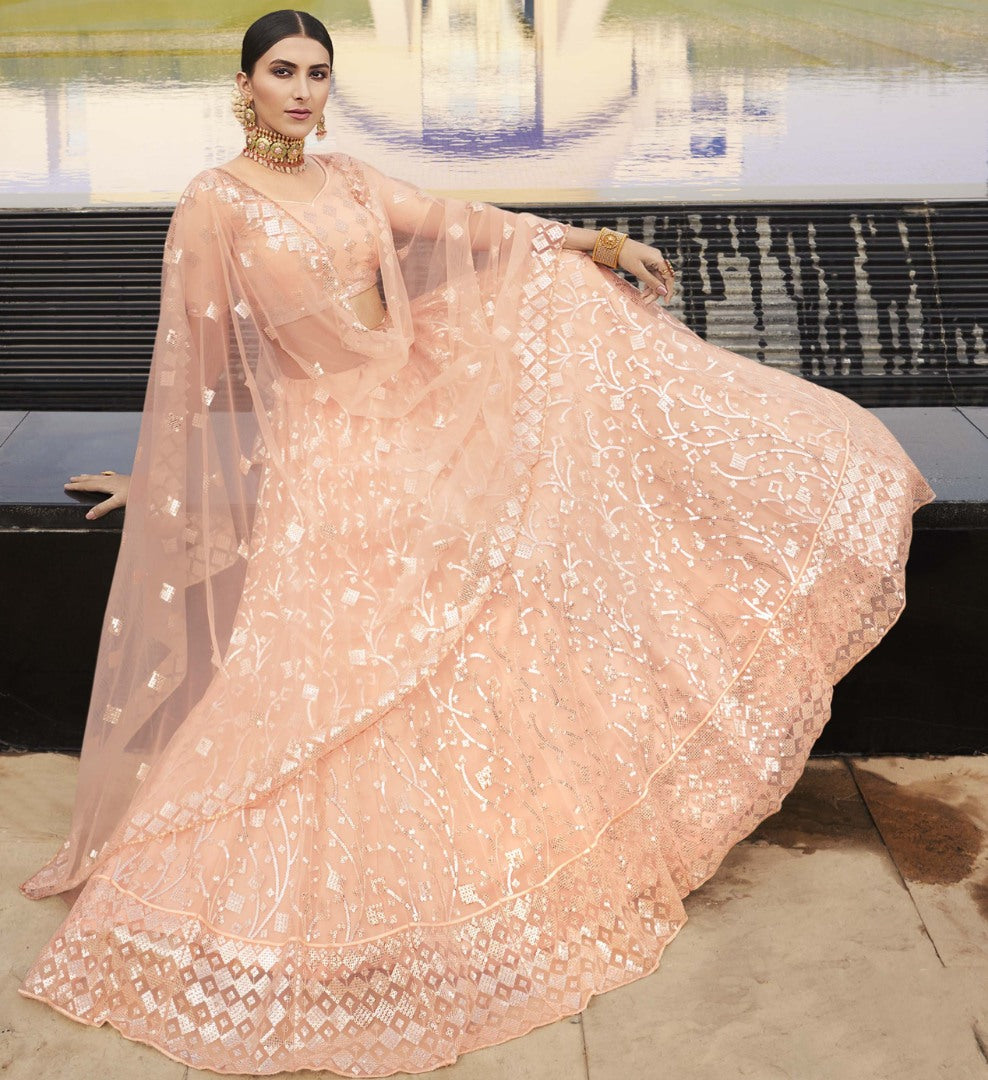 Peach soft net sequence thread work bridal lehenga choli