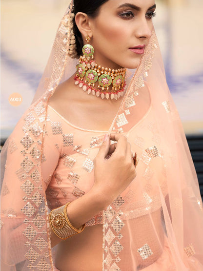 Peach soft net sequence thread work bridal lehenga choli