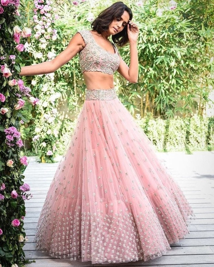 Peach soft net sequence work wedding lehenga choli