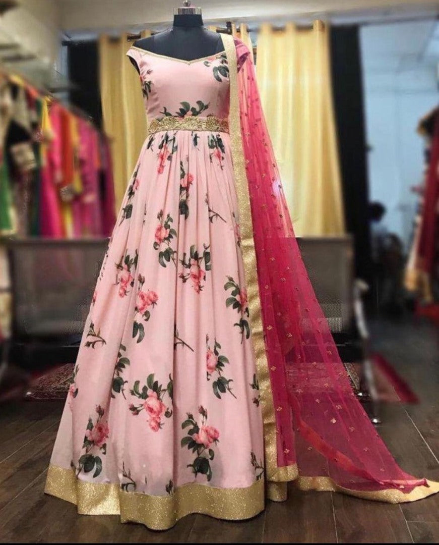 Peach soft silk floral digital printed gown