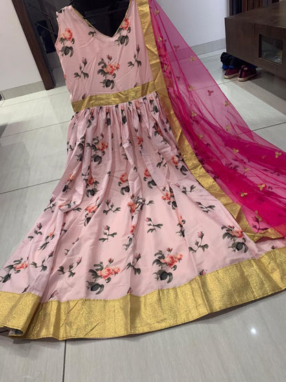 Peach soft silk floral digital printed gown