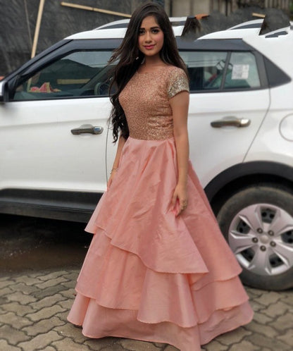 peach tapeta silk embroidered sequence work gown