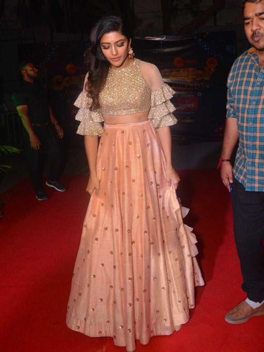 Peach tapeta silk sequence and zari worked crop top lehenga