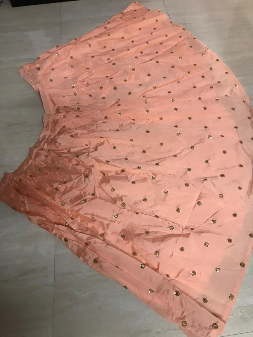 Peach tapeta silk sequence and zari worked crop top lehenga
