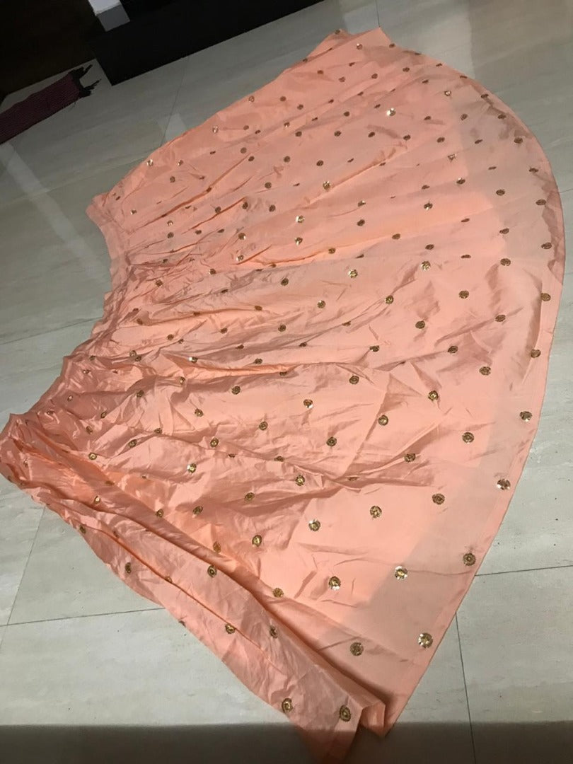 Peach tapeta silk sequence and zari worked crop top lehenga