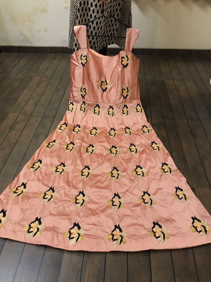 peach tapeta silk thread embroidered and stone work partywear gown