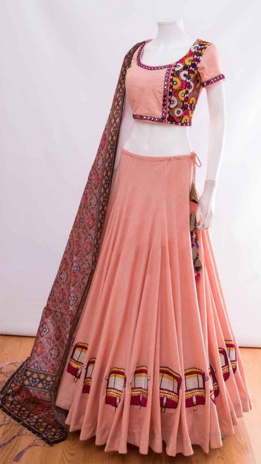 peach thai silk dori embroidered festival wear lehenga
