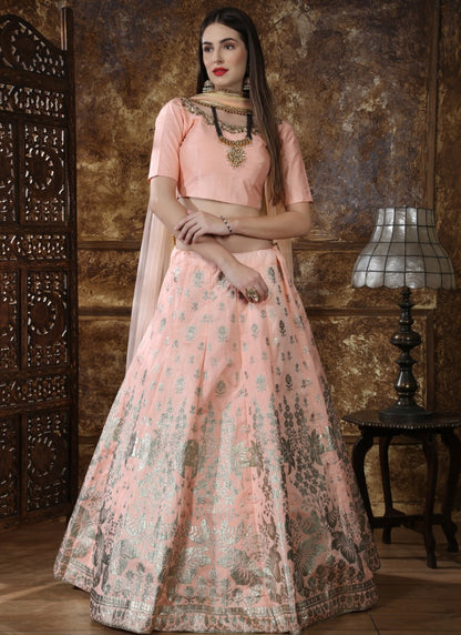 Peach thai silk metallic rubber foil work bridal lehenga choli