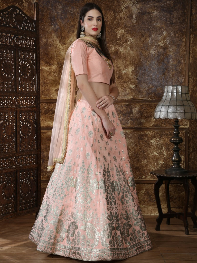 Peach thai silk metallic rubber foil work bridal lehenga choli