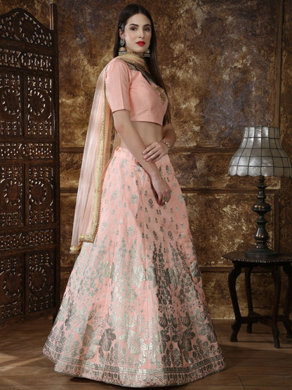 Peach thai silk metallic rubber foil work bridal lehenga choli