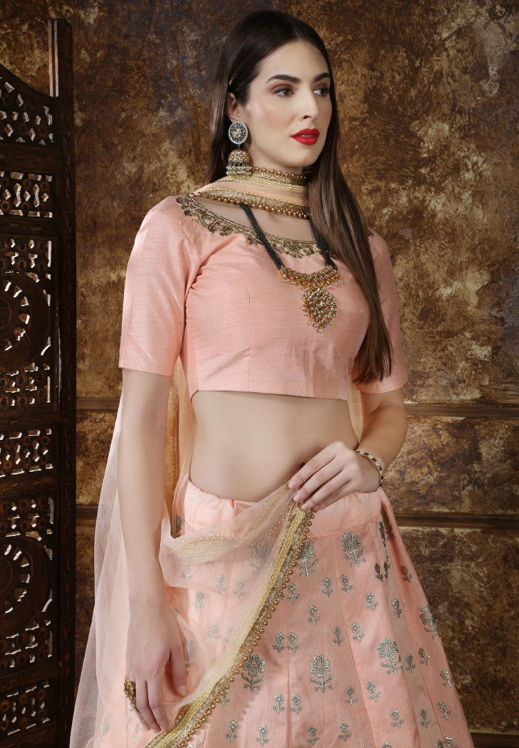 Peach thai silk metallic rubber foil work bridal lehenga choli