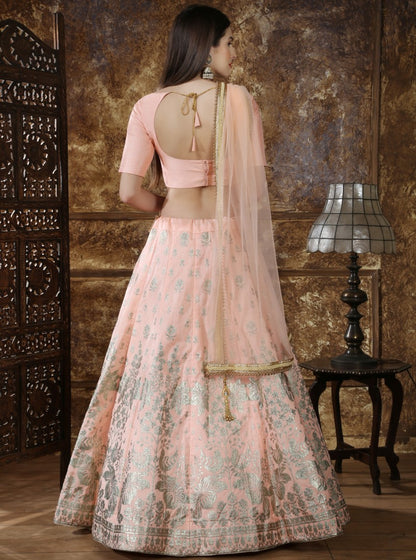 Peach thai silk metallic rubber foil work bridal lehenga choli