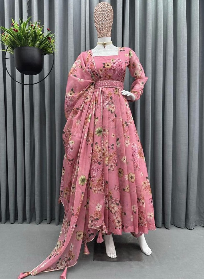 Peach tibby silk floral printed gown with belt and dupatta