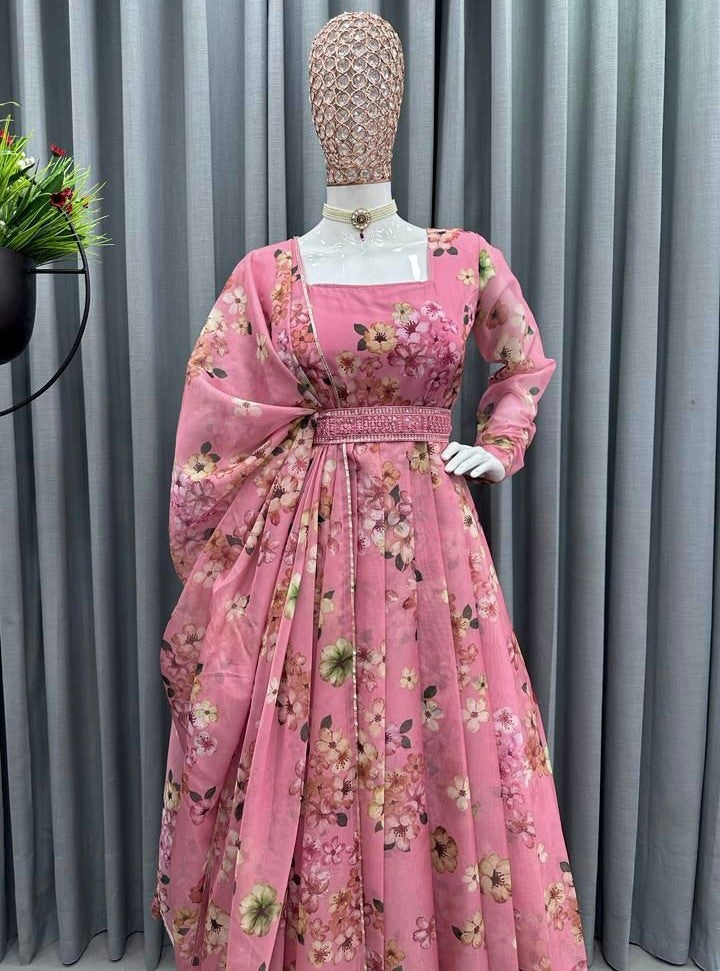 Peach tibby silk floral printed gown with belt and dupatta