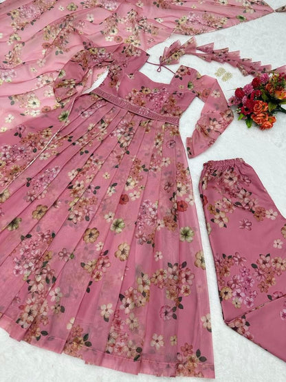 Peach tibby silk floral printed gown with belt and dupatta