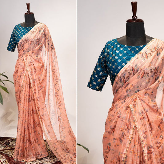 Peach zari chiffon printed saree