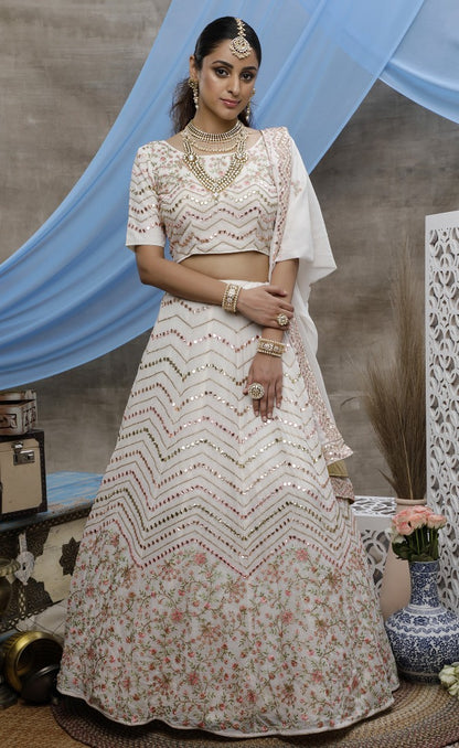 Pearl white georgette embroidered wedding lehenga choli