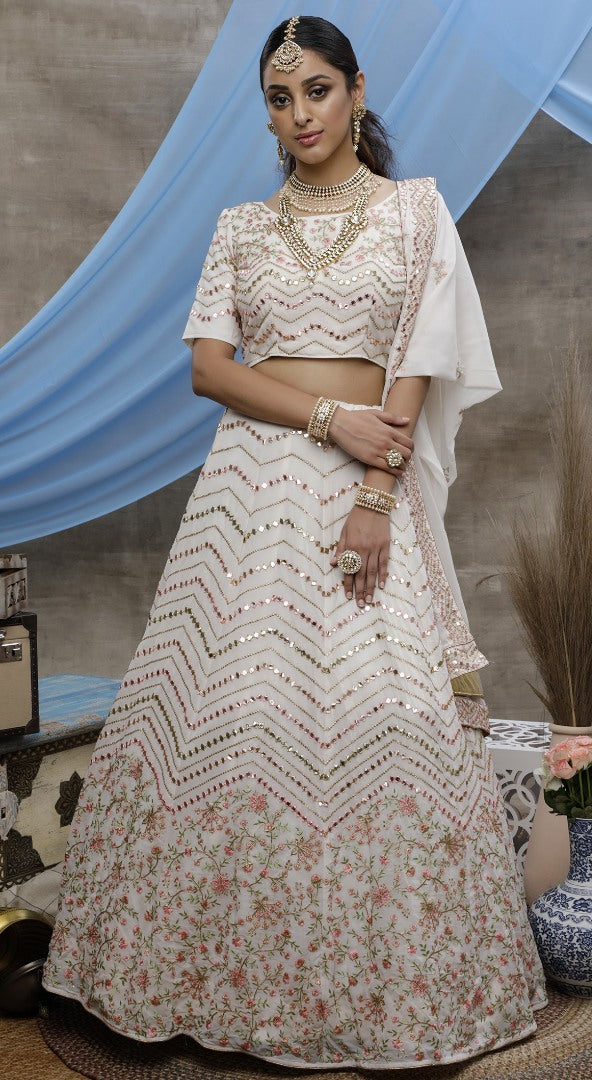 Pearl white georgette embroidered wedding lehenga choli