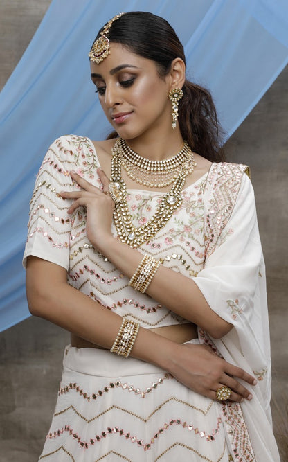 Pearl white georgette embroidered wedding lehenga choli